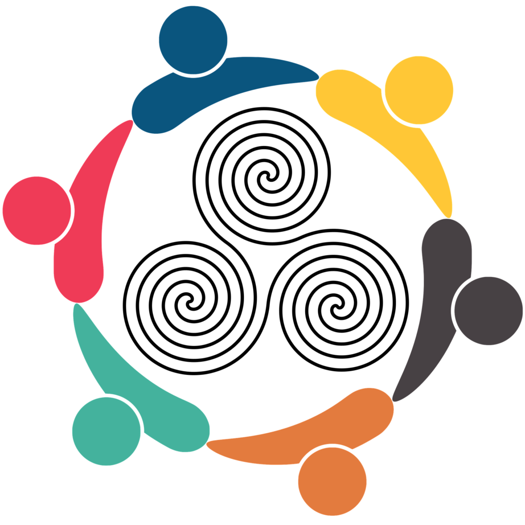 Six colorful icons representing head and shoulders/arms of people make a circle. Inside the circle is a triple spiral. The outer circle represents the community support cultivated by this program, and the inner spirals represent the three themes of the eightfold path - wisdom, harmonious relations, and practice.